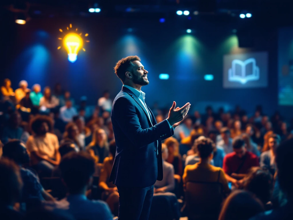 Een energieke spreker inspireert een diverse groep docenten in een moderne
