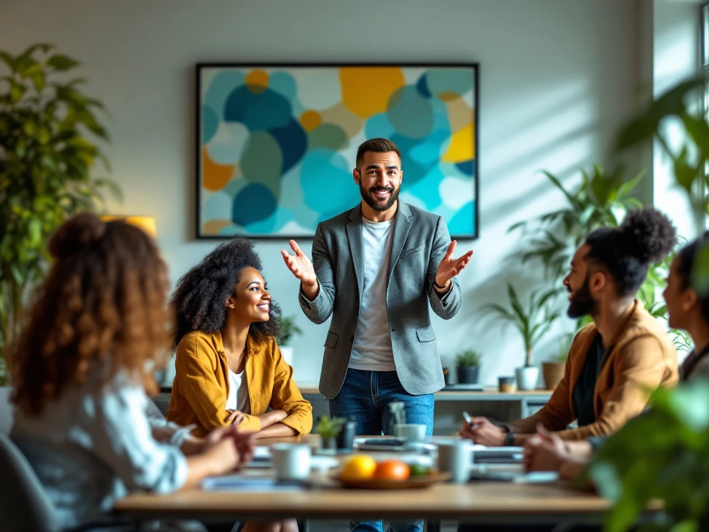 Een energieke spreker in een modern kantoor inspireert een divers team over werk-privébalans