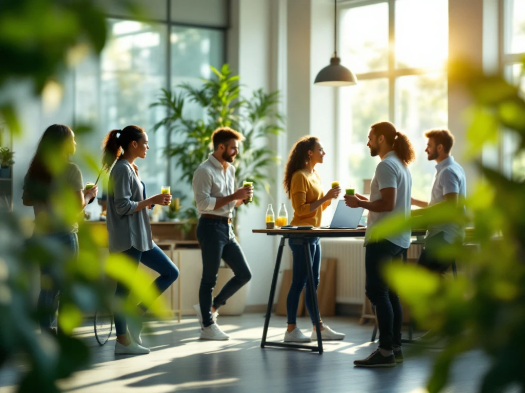 Een levendig kantoor met diverse werknemers in gesprek