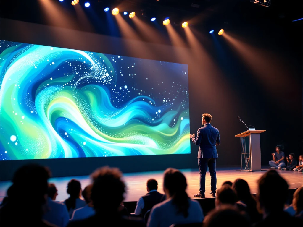 Een spreker op een podium inspireert een divers publiek. Energieke achtergrond met blauwe en groene tinten en subtiele sportelementen.