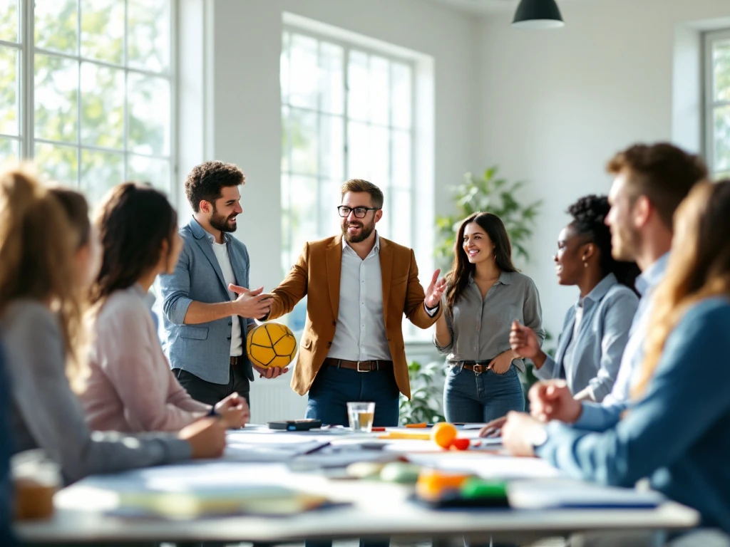 Een diverse groep professionals in smart casual kleding doet mee aan een teambuilding sessie in een zonovergoten ruimte met grote ramen.