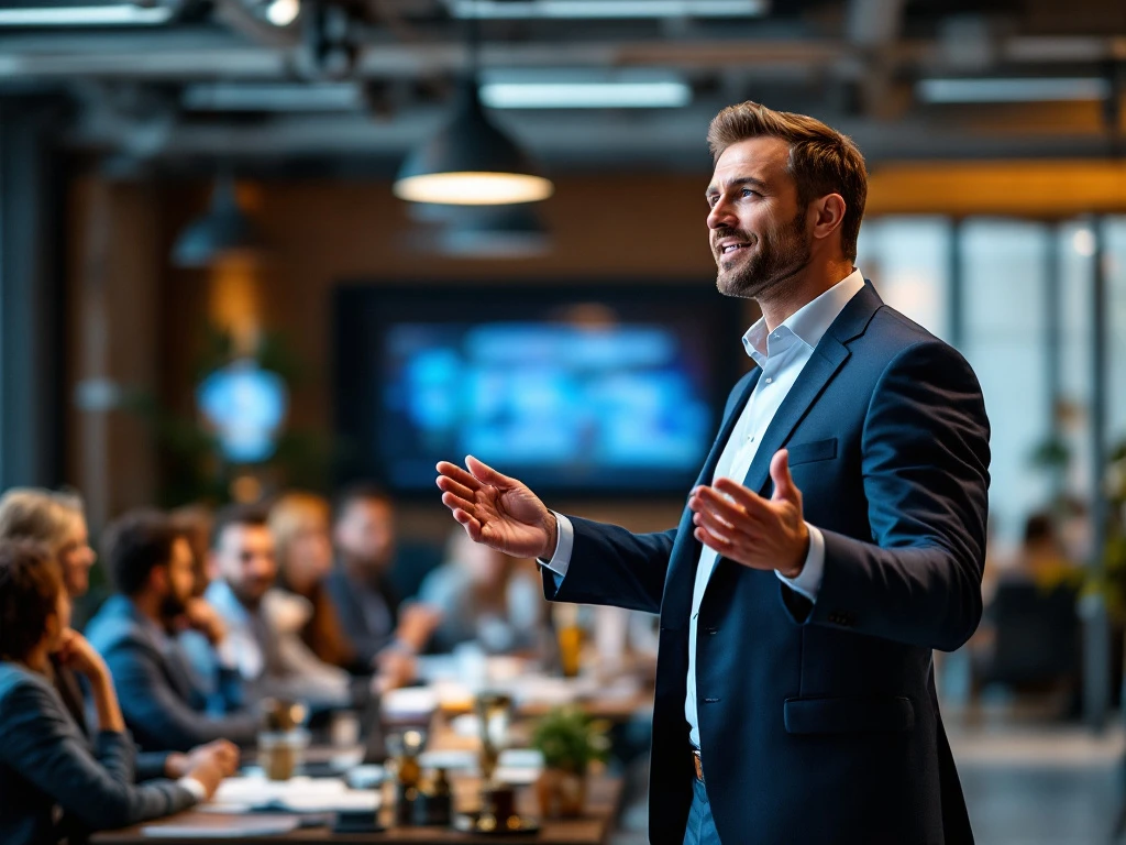 Een charismatische spreker in een moderne conferentieruimte spreekt een team toe
