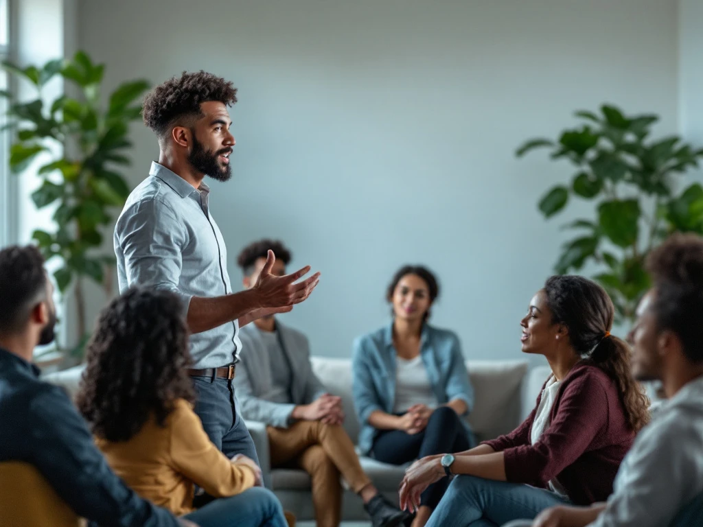 Een enthousiaste spreker in een moderne kantooromgeving spreekt voor een diverse groep volwassenen