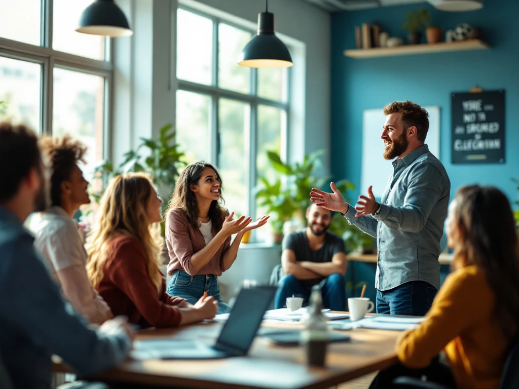 Een diverse groep leraren luistert naar een dynamische spreker in een moderne