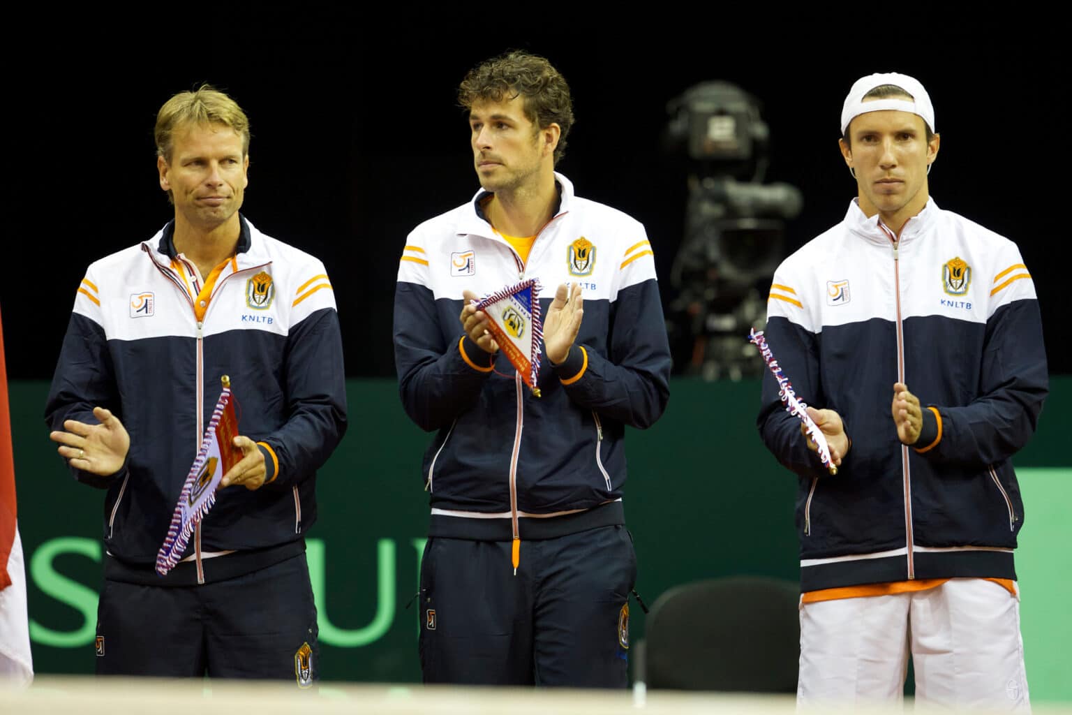 12-09-2014: Tennis: Davis cup Nederland - Kroatie: Amsterdam
(L-R) Davis Cup-captain Jan Siemerink, Robin Haase, Igor Sijsling
Daviscup, Playoffs, Tennis
Wereld Groep Playoffs