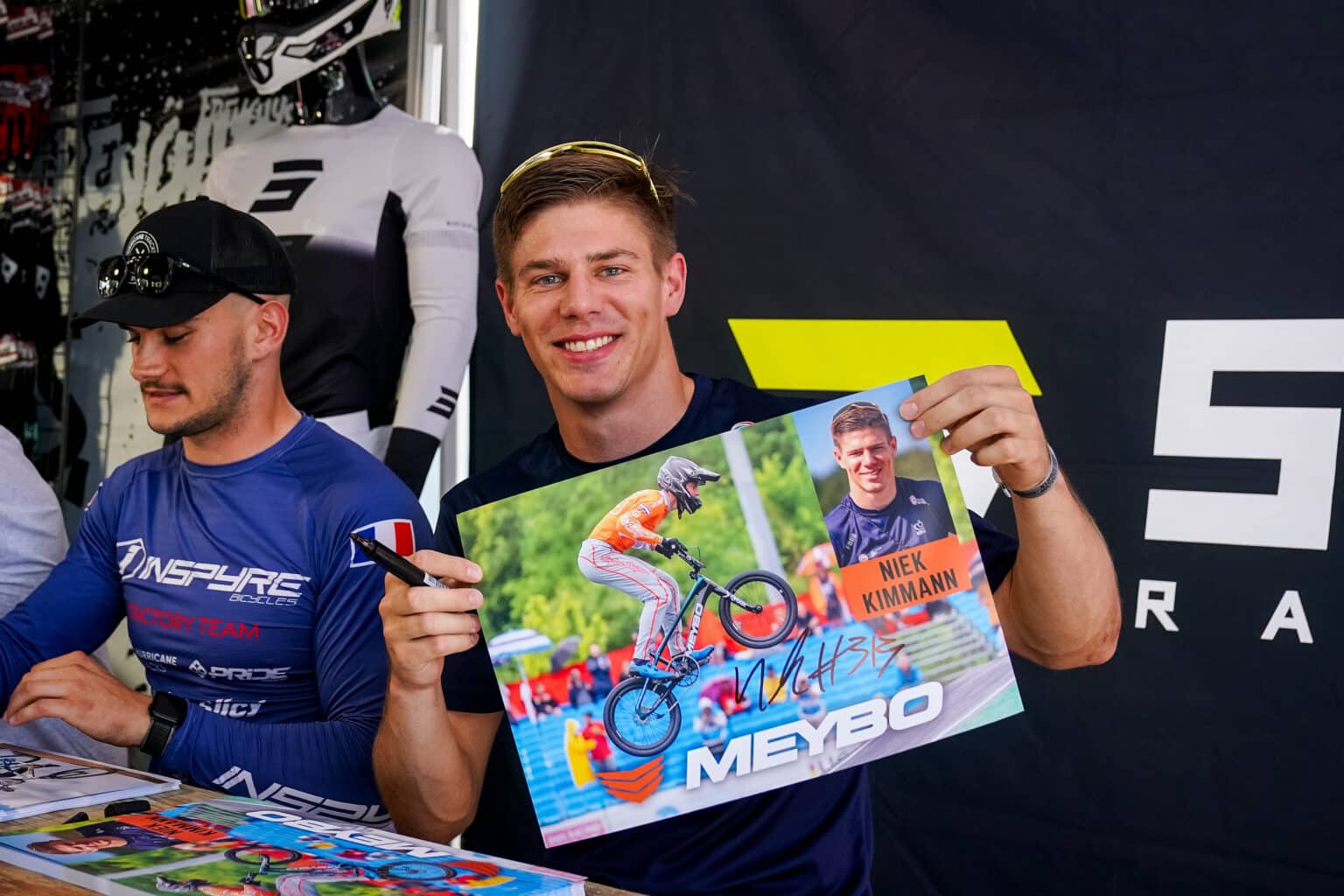 BESANCON, FRANCE - JULY 7: Niek Kimmann of the Netherlands attends an autograph session for Meybo ahead of the 2023 UEC BMX European Championships at Complexe sportif du Rosemont on July 7, 2023 in Besancon, France (Photo by Rene Nijhuis/BSR Agency)