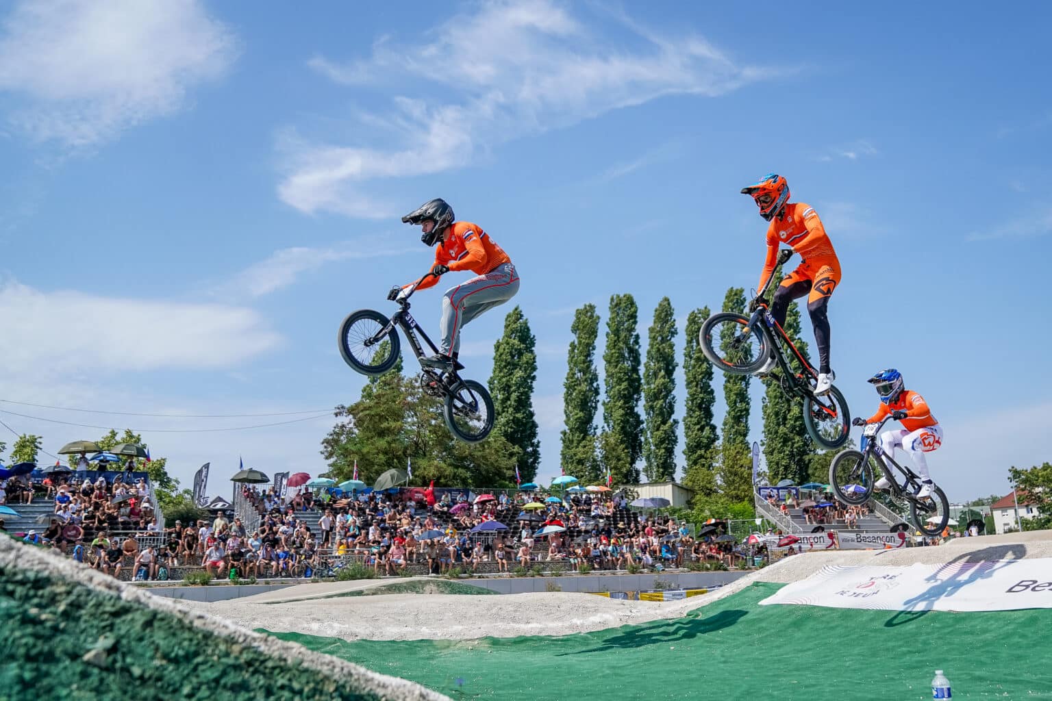 BESANCON, FRANCE - JULY 9: Niek Kimmann of the Netherlands, Jaymio Brink of the Netherlands and Jay Schippers of the Netherlands compete in the Men's Team Time Trial Final during Day 3 of the 2023 UEC BMX European Championships at Complexe sportif du Rosemont on July 9, 2023 in Besancon, France (Photo by Rene Nijhuis/BSR Agency)