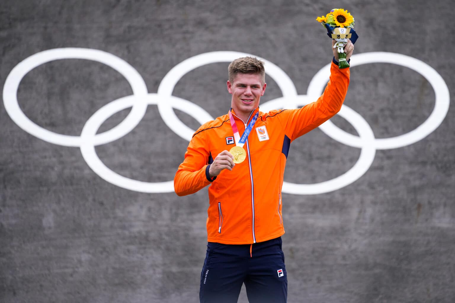 TOKYO, JAPAN - JULY 30: Niek Kimmann of the Netherlands poses with his gold medal during the Medal Ceremony of Cycling BMX Racing Men during the Tokyo 2020 Olympic Games at the Nippon Budokan on July 30, 2021 in Tokyo, Japan (Photo by Yannick Verhoeven/Orange Pictures) NOCNSF House of Sports