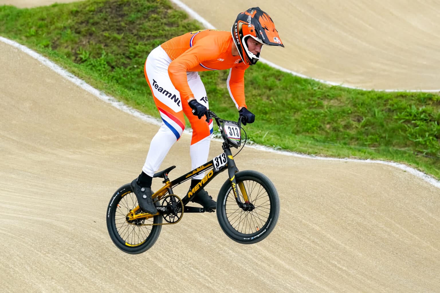 ARNHEM, NETHERLANDS - AUGUST 22: Niek Kimmann of the Netherlands competes in heat 1 of the semi finals during the 2021 UCI BMX World Championships at Papendal on August 22, 2021 in Arnhem, Netherlands (Photo by Rene Nijhuis/Orange Pictures)