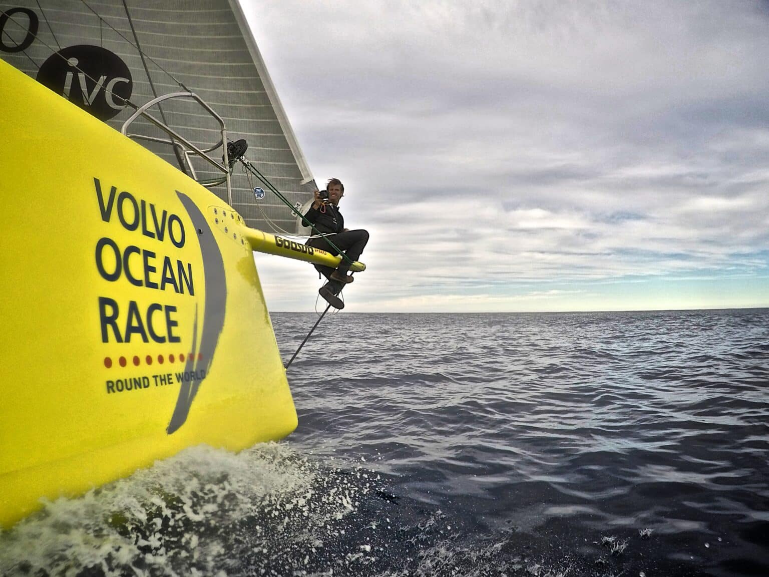 May 20, 2015. Leg 7 to Lisbon onboard Team Brunel. Day 03. OBR, Stefan Coppers on the bowsprit.