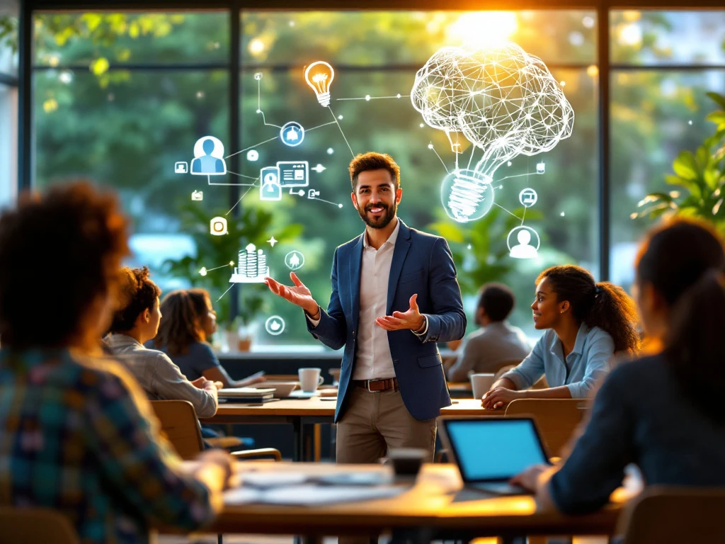 Spreker in moderne klas inspireert diverse docenten met lesinnovatie; symbolen voor technologie, samenwerking en welzijn omringen hen.