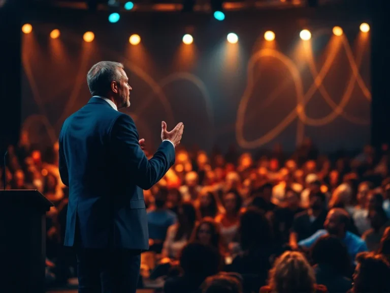 Een charismatische spreker op een podium inspireert een divers publiek met passie, omgeven door warme lichten en leiderschapssymbolen.