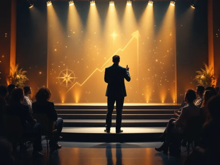 Spreker op podium in zakelijke setting, inspirerend publiek. Achtergrond met leiderschapssymbolen. Kleuren: blauw en goud.
