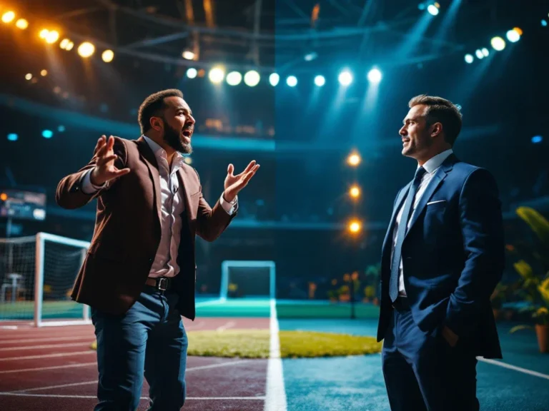 Een fotorealistische afbeelding toont een energieke sportspreker in een stadion en een traditionele spreker in een conferentiezaal.