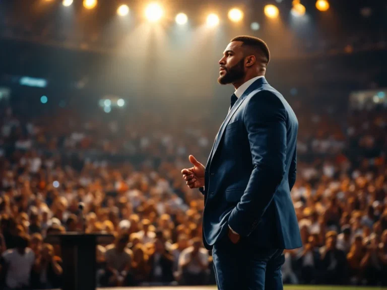 Een charismatische sportfiguur spreekt onder spotlights voor een diverse menigte, symboliserend leiderschap en motivatie in sport.