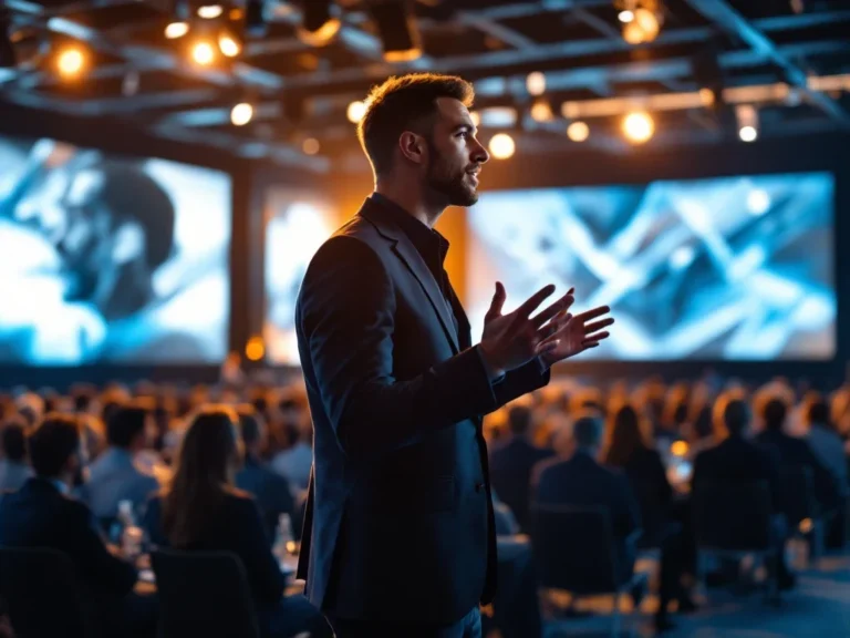 Een charismatische spreker in een conferentiehal spreekt gepassioneerd over leiderschap; diverse professionals luisteren aandachtig.