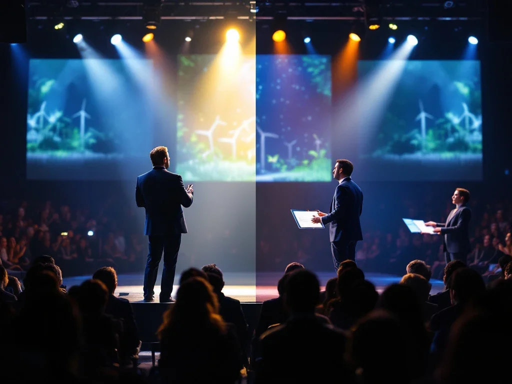 Een conferentiepodium met twee sprekers: links een beroemdheid voor groot publiek, rechts een duurzaamheidsexpert met kleinere, aandachtige groep en groene energiesymbolen.