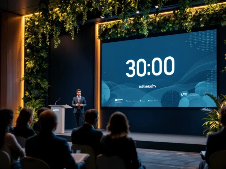 Een spreker presenteert over duurzaamheid met een timer (30:00) op achtergrond. Publiek maakt aantekeningen in een eco-vriendelijke conferentiezaal met plantenwanden.