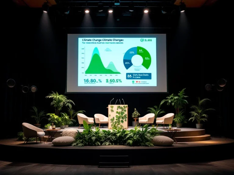 Een duurzaam ingericht conferentiepodium met plantendecoratie, een klimaatverandering-infographic op het projectiescherm en stoelen voor een paneldiscussie.