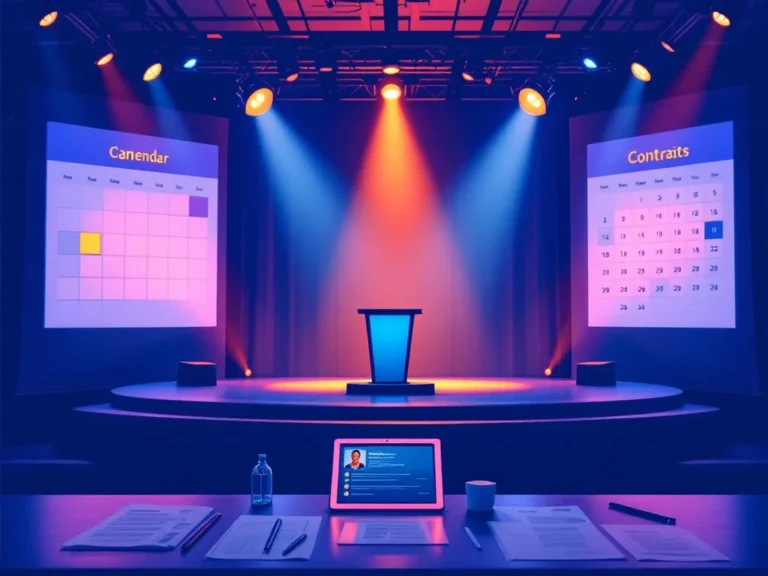 "Professioneel podium voor sportconferentie met kalender, planningsmateriaal en tablet met sprekersprofielen in warm/koel licht."
