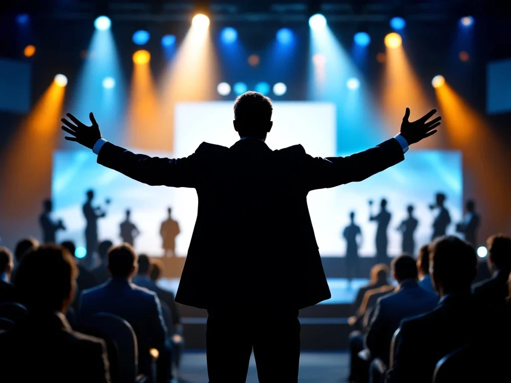 Silhouet van een inspirerende spreker op podium met zakelijk publiek, sportieve elementen en energieke blauw-oranje verlichting.
