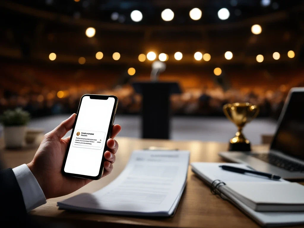 Conferentiepodium met microfoon; professional bereidt zich voor met smartphone, documenten, laptop en sporttrofee op tafel. Sfeervolle belichting.