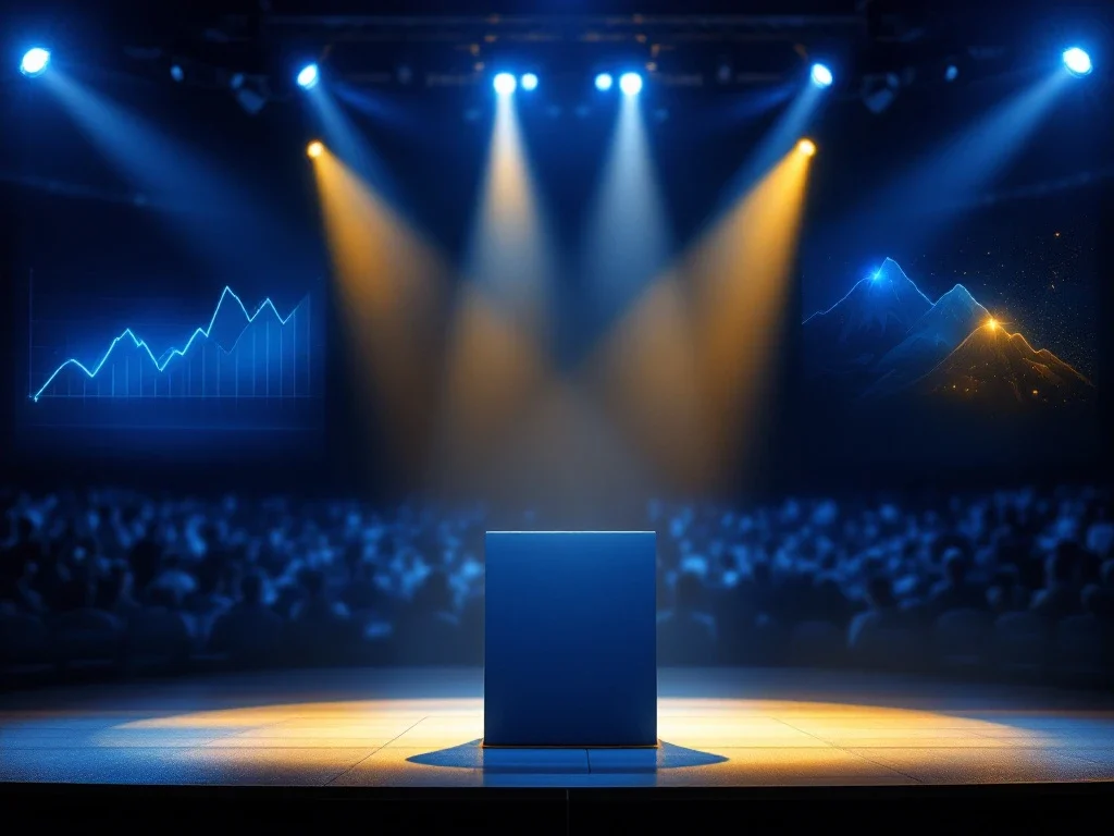 Professioneel conferentiepodium met sporttrofee, verlicht door blauw-gouden spotlights, met wazig publiek en visuele elementen die zakelijk leiderschap symboliseren.