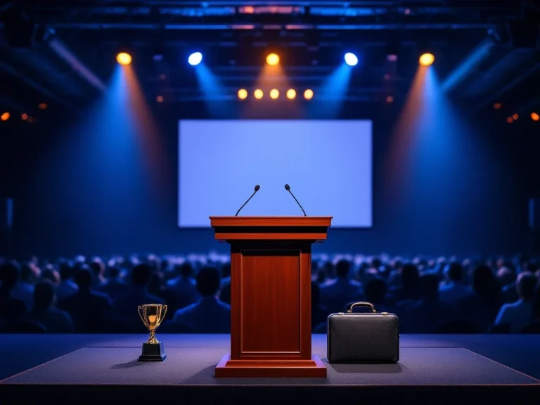 Professioneel verlicht conferentiepodium met katheder, projectiescherm, sporttrofee en zakelijke koffer tegen achtergrond van wazig publiek.