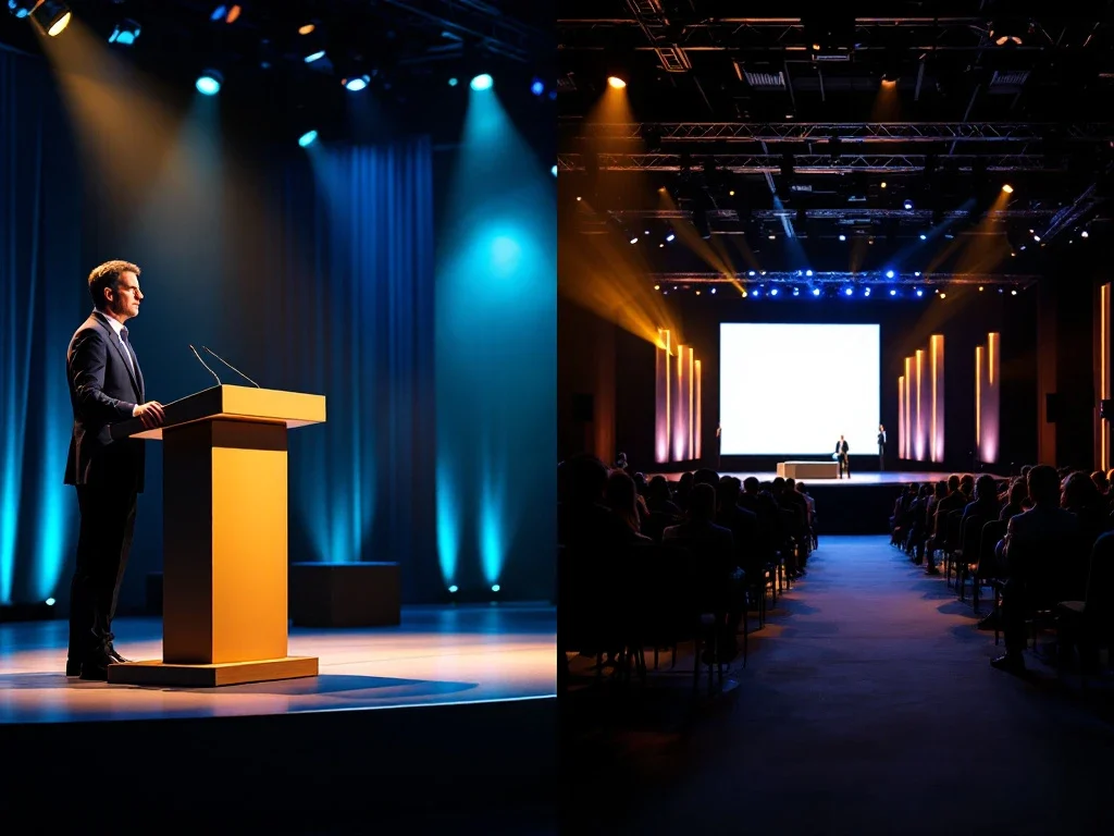 Conferentiezaal in split-screen: links een podium met leeg spreekgestoelte voor keynote, rechts een moderatortafel met panelstoelen, sportmemorabilia en blauw-gouden accenten.