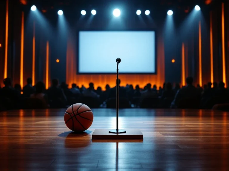 Leeg podium in conferentiezaal met oranje accentverlichting, sportuitrusting tentoongesteld, en silhouetten van zakenmensen in afwachting van de presentatie.