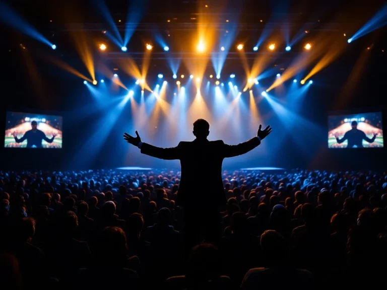 Keynote spreker op podium met uitgestrekte armen in conferentiezaal, dramatisch verlicht met blauw-gouden licht, terwijl publiek aandachtig luistert.