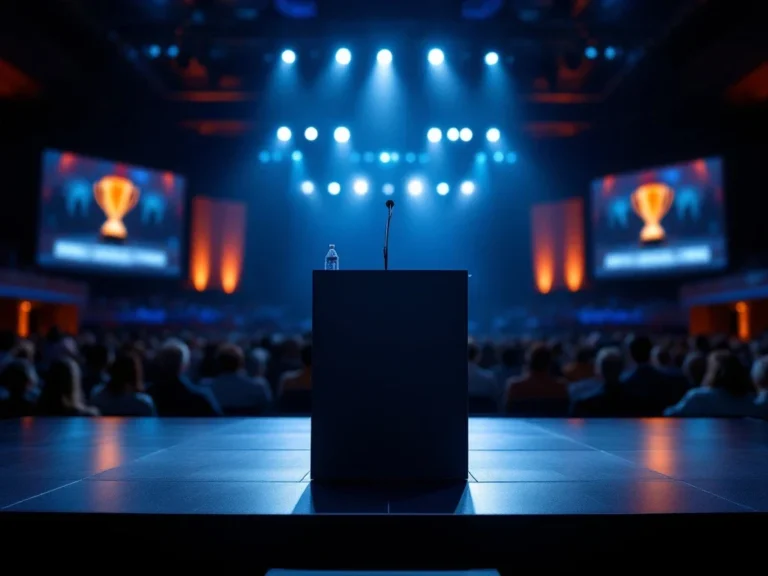 Professioneel podium verlicht door spotlights op sportconferentie met microfoon, blauwe naar oranje verlichting en publiek in stadionopstelling op de achtergrond.