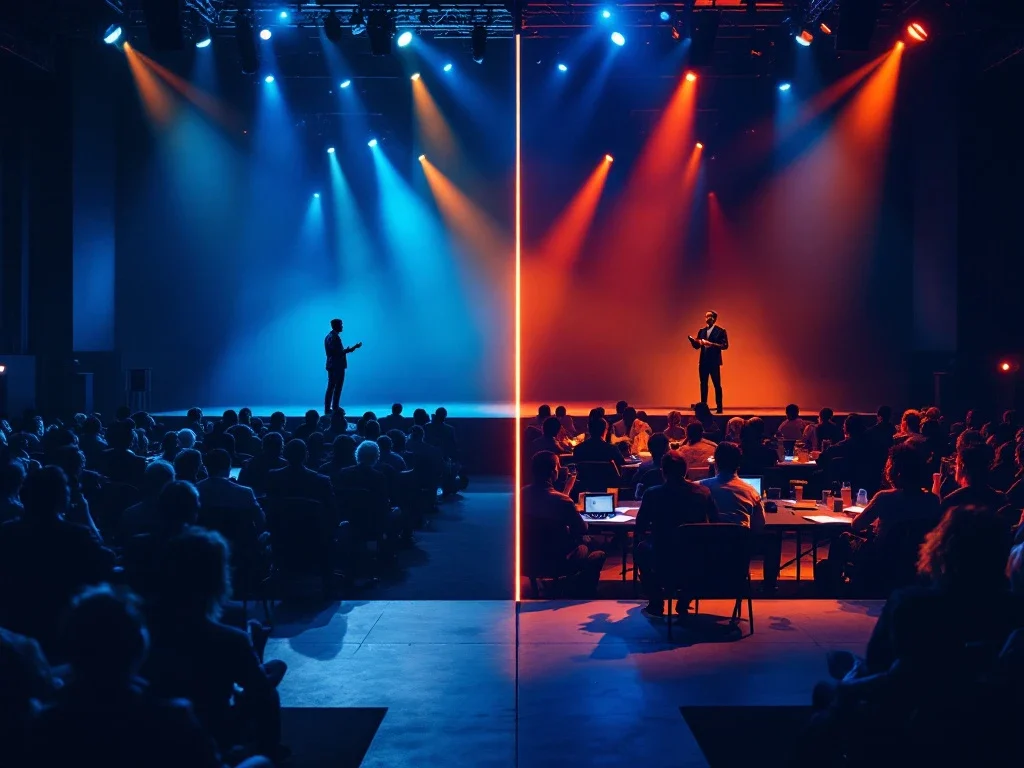 Sportkeynotesspreker toont veelzijdigheid: podium met publiek naast interactieve workshop, verbonden door sportief element, in blauw en oranje tinten.