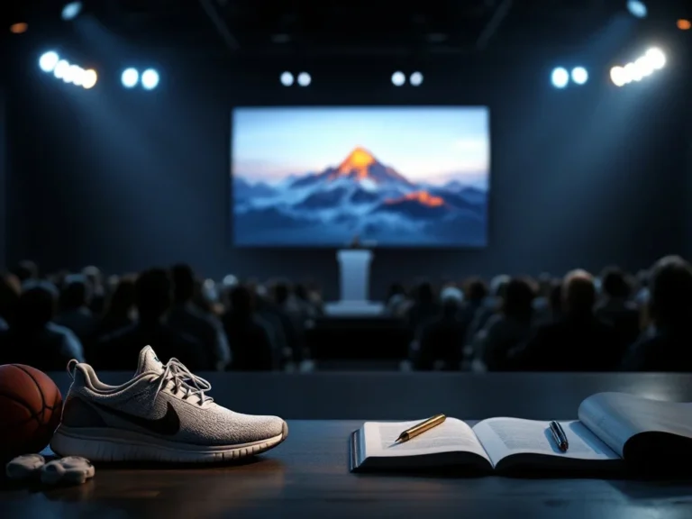 Professioneel conferentiepodium met sportattributen op voorgrond, verlicht door spotlights. Podium met scherm toont bergtop, symboliseert prestatie en kennisoverdracht van sport naar zakenleven.