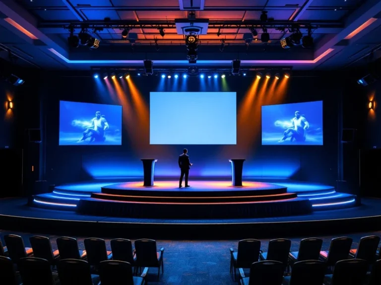 Professionele conferentiezaal met drie verlichte podiums in halve cirkel, silhouet van spreker nadert centraal podium, sportafbeeldingen op schermen, stijlvolle zitplaatsen.