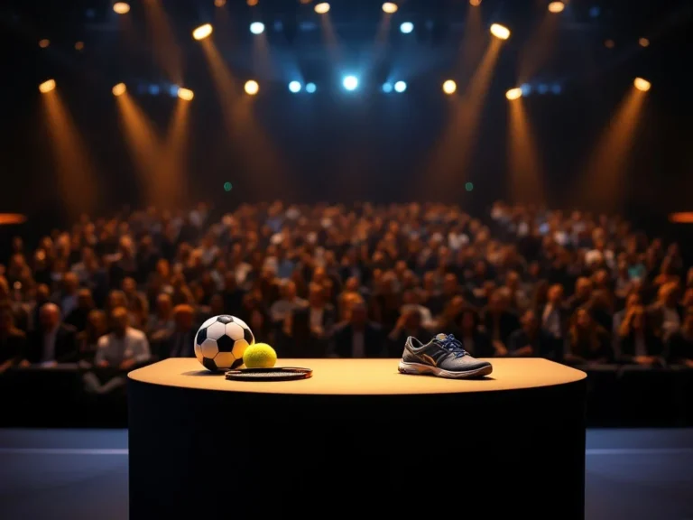 Professioneel podium met centraal spreekgestoelte en sportattributen die de verbinding tussen zakelijke en sportwereld symboliseren, gezien vanuit laag perspectief.