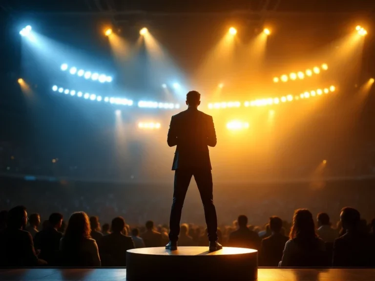 Atleet in zakelijk pak op podium met sportattributen, staand tussen stadion en conferentieruimte onder theatraal licht met gouden gloed en zakelijk publiek.