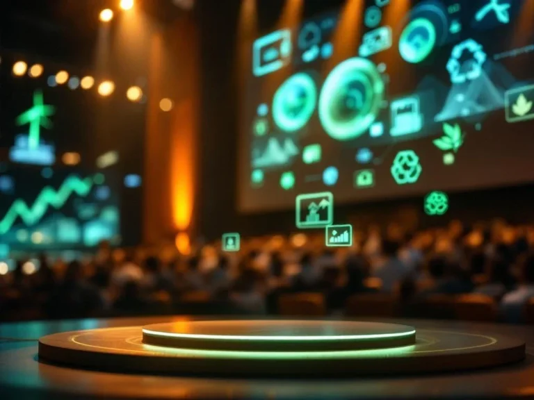 Conferentiepodium met groene verlichting, holografische duurzaamheidssymbolen en klimaatdata op groot scherm