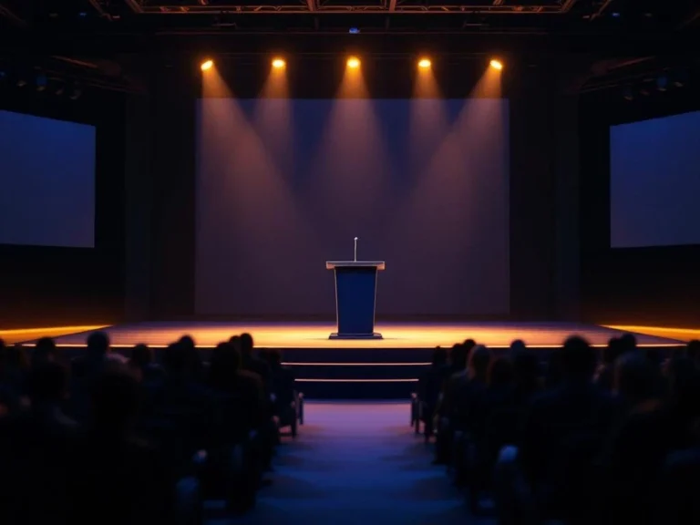 Lege podium met microfoon op conferentiepodium met dramatische belichting en publieksstoelen op de voorgrond
