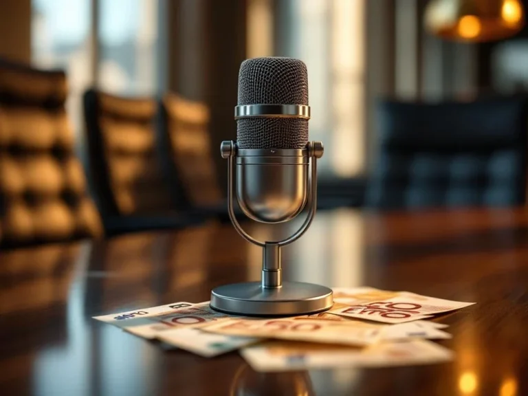 Professionele microfoon op conferentietafel met eurobiljetten, warme verlichting in moderne vergaderruimte