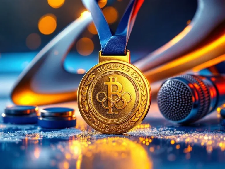 Olympische gouden medaille met dramatische verlichting naast schaatsbladen, microfoon en zakelijke elementen in blauw-goud