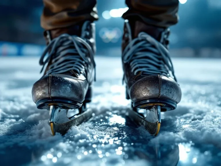 Versleten schaatsen op ijs met olympische ringen op achtergrond, dramatische belichting benadrukt metalen ijzers