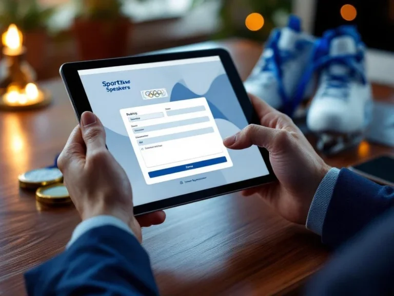 Professionele handen bedienen tablet met boekingsinterface, ijsschaatsschoenen en Olympische medaille op houten bureau