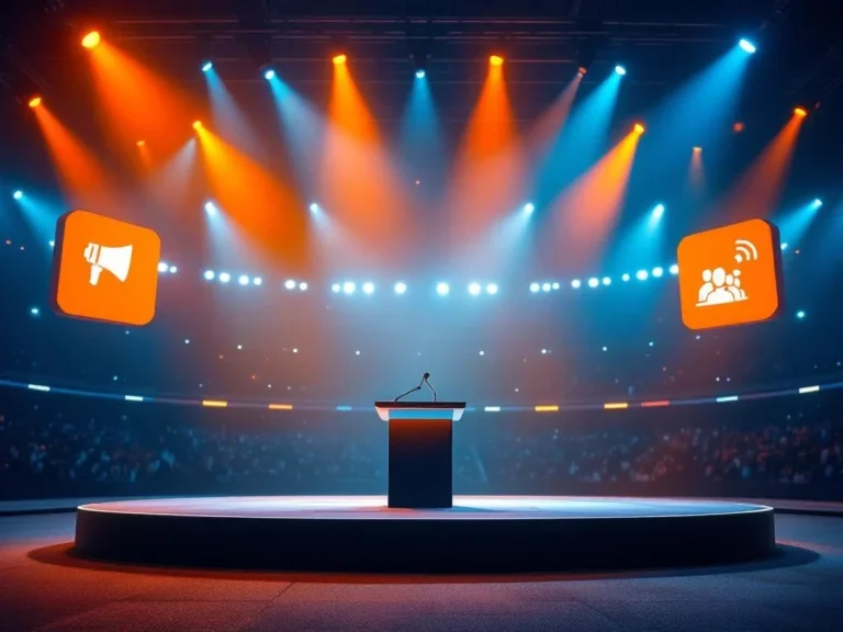 Professioneel podium met microfoon in sportstadion met dramatische oranje en blauwe verlichting voor sprekersevenementen