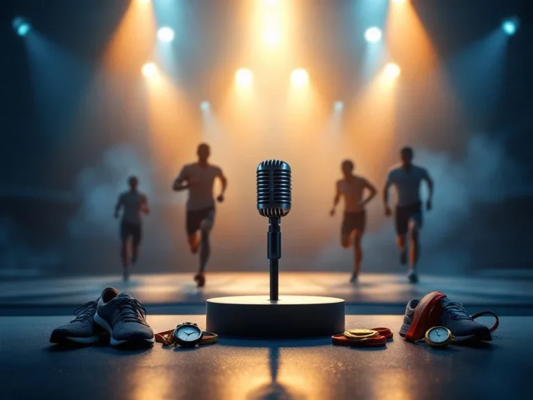 Professionele microfoon op podium in sportarena met atleten silhouetten en dramatische spotlights in blauw-oranje tinten