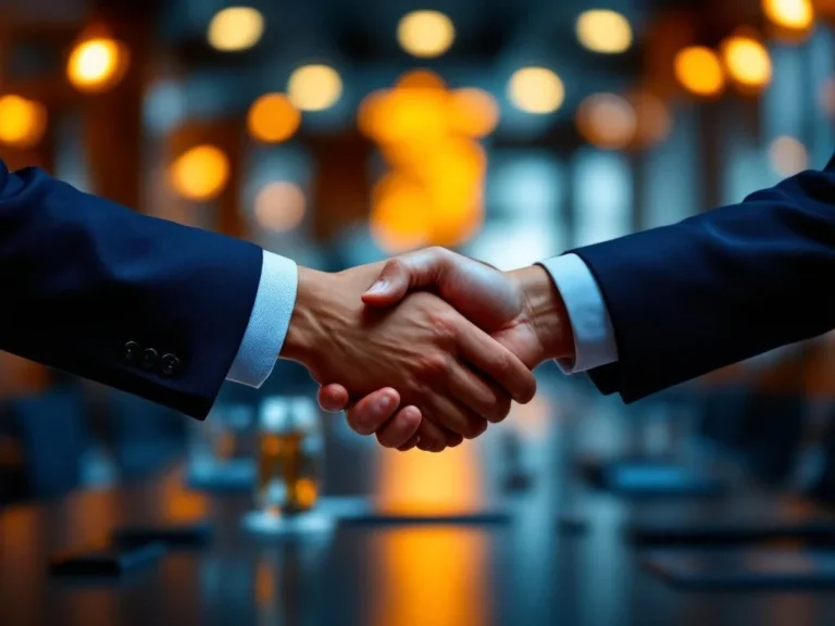 Professionele handdruk tussen twee zakelijke partners in moderne conferentieruimte met warme verlichting