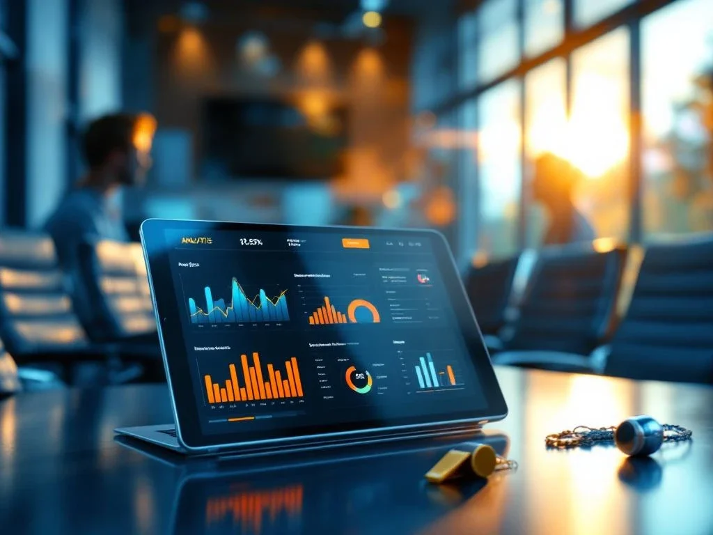 Digitaal dashboard met kleurrijke analytics grafieken op tablet in vergaderruimte met zonlicht en sport objecten