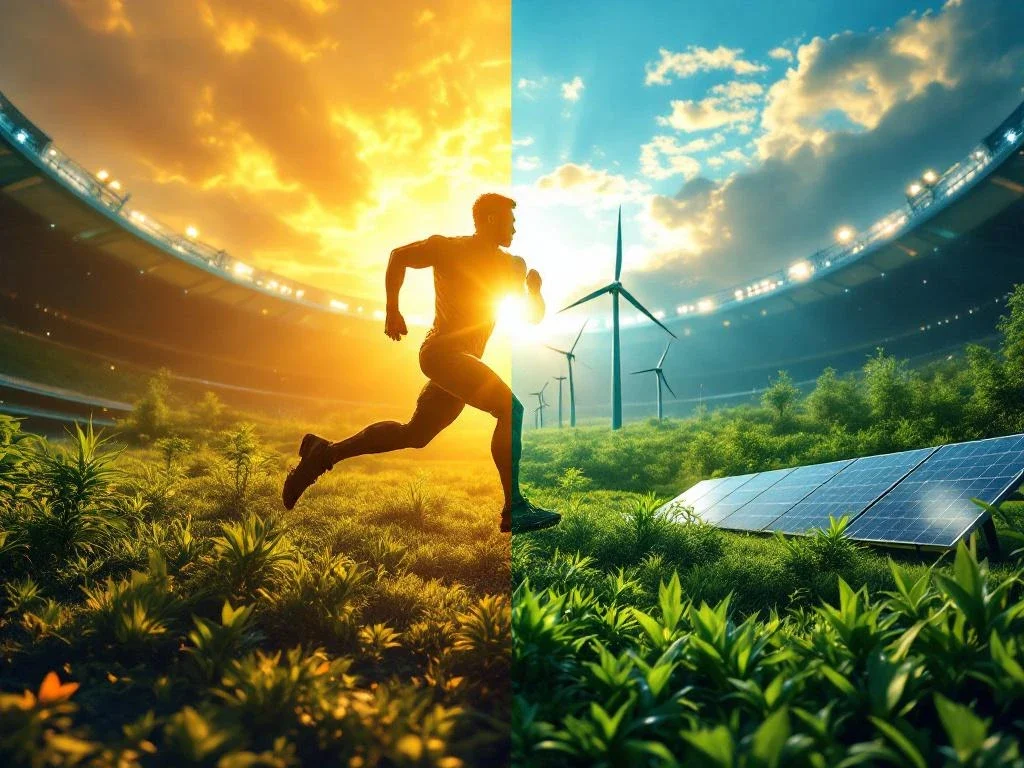 Atletische silhouet in hardloophouding overgaand in duurzame energie-elementen met windmolens en zonnepanelen