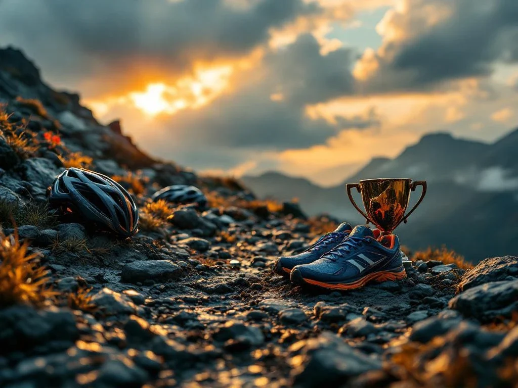 Bergpad met verspreide sportuitrusting en ongebroken trofee bij modderige hardloopschoenen tijdens gouden zonsopgang