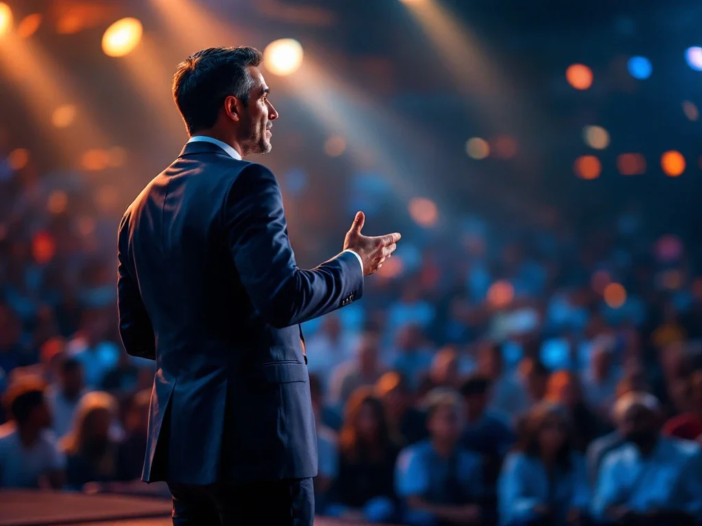 Een charismatische spreker in een strak pak inspireert een diverse menigte op een podium
